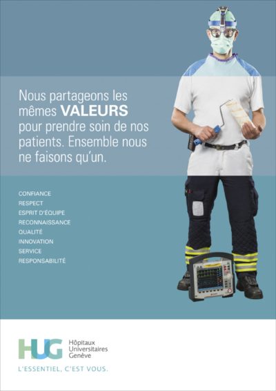 Un chirurchien, un peintre et un ambulancier, les valeurs HUG, campagne de communication interne